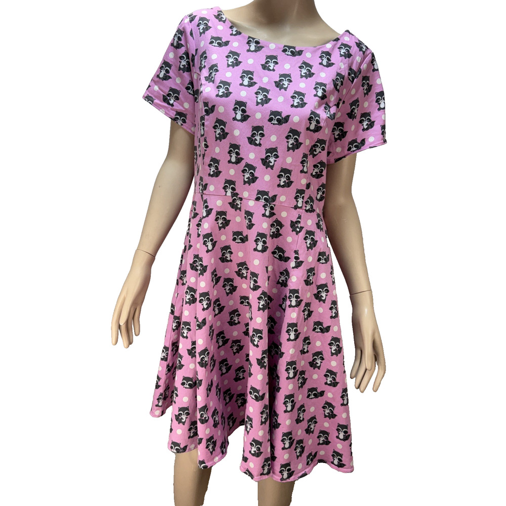 Eva Rose Pink Raccoon Fit Flare Dress Size XXL 2XL Pin Up Retro Pockets Made USA